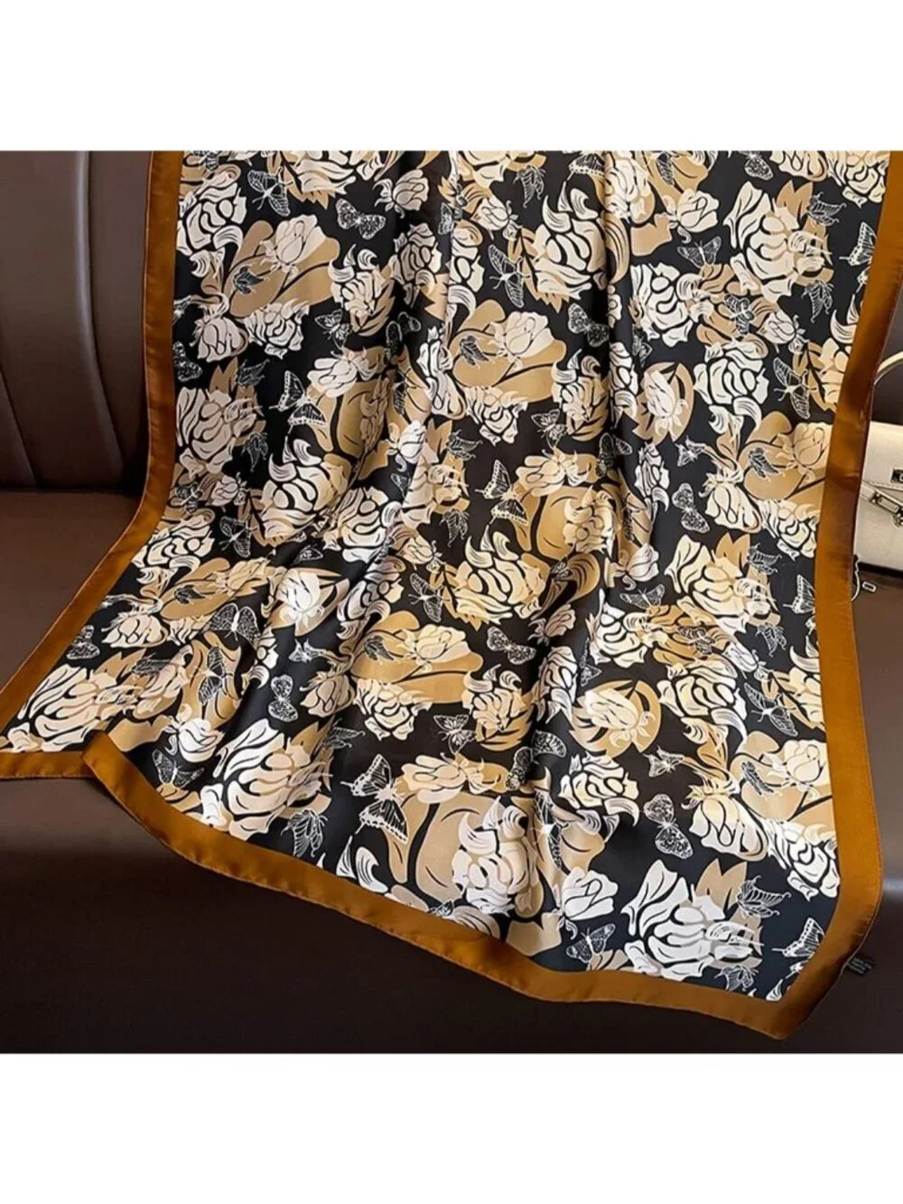 Women's White Brown Lightweight Silk Scarves Flower Print Head Cotton Wrap Scarf